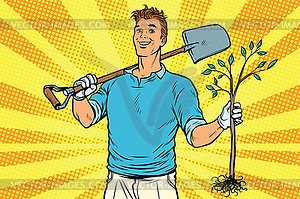 Man gardener with shovel and sapling - royalty-free vector image