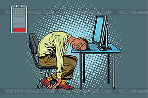 Sleeping African businessman at computer - color vector clipart