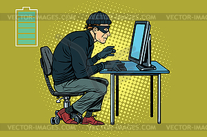 Caucasian hacker thief hacking into computer - vector clip art