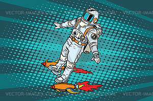 Astronaut is flying on space rocket skateboard - vector image