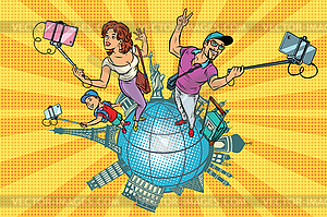 Family tourists and selfie, trip around world - vector image