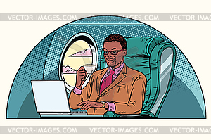 Businessman working in business class cabin - vector clipart