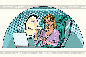 Businesswoman in business class of aircraft works a - royalty-free vector clipart