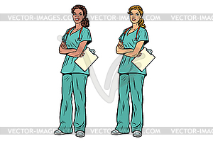 African American and Caucasian nurse with - vector image