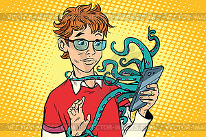 Teen and octopus in smartphone, danger online - vector EPS clipart