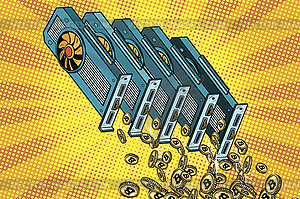 Video card pours cryptocurrency bitcoin - vector image