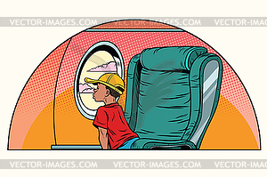 African boy passenger looks out window on an - vector clipart