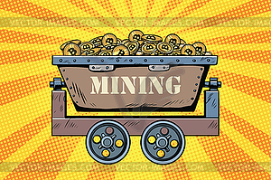 Mining trolley with cryptocurrency bitcoin - vector image