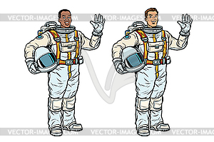 Африканские и кавказские астронавты в скафандрах - иллюстрация в векторе