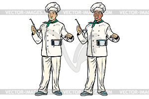 Caucasian and African chef with ladle and cooking - vector image