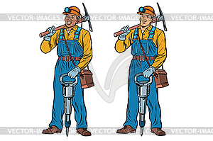 African and Caucasian miners with jackhammer pickaxe - vector clipart