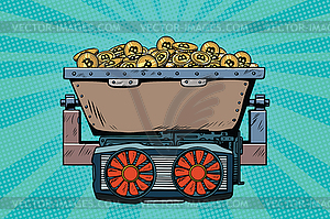 Mining trolley with cryptocurrency bitcoin - vector image