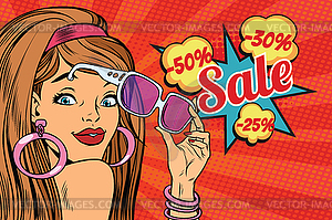 Beautiful young woman in sunglasses, surprise sale - color vector clipart