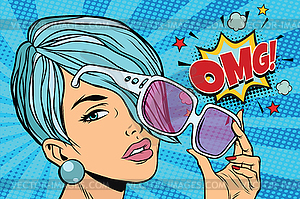 Beautiful young woman in sunglasses, omg reaction - vector image