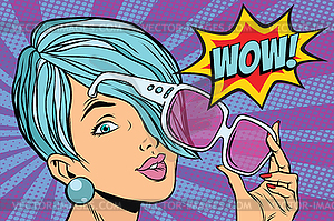 Sunglasses pop art woman wow reaction - vector clip art