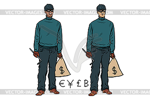 African Caucasian thief robber dollar Euro pound ye - vector image