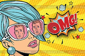 OMG Beautiful woman, reflection of men in sunglasses - vector image