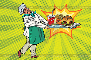 African chef brings tray of fast food - vector clipart