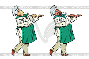 African and Caucasian chef holding hand gesture - vector clip art