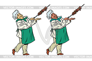 African and Caucasian chef with shish kebab - vector clipart / vector image