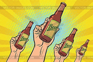 Many hands with bottle of beer - vector clipart