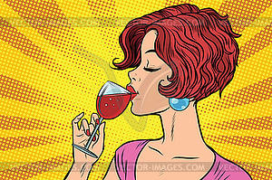 Woman drinking red wine - vector image