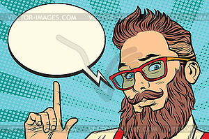 Bearded hipster man portrait pointing finger - vector clipart