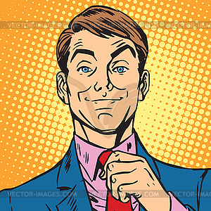 Avatar portrait of man straightens his tie - vector clip art