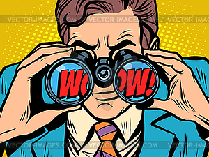 Wow Businessman looking through binoculars - vector clipart