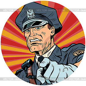 Points serious police officer pop art avatar - vector clipart