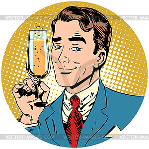 Nice man with glass of champagne sparkling wine - color vector clipart