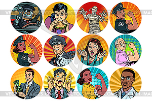 Set pop art round icons characters avatar - vector clipart