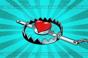 Red heart in an iron trap. Love and romance - vector clip art