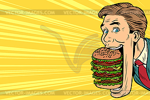 Голодный человек с гигантским бургером, уличная еда - изображение в векторном виде