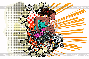 Black woman athlete in wheelchair punches wall - vector image