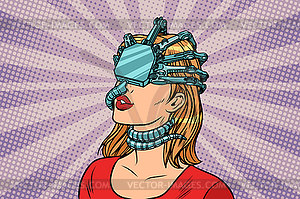 Woman in virtual reality, dangerous parasite helmet - vector clipart