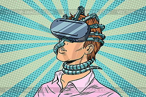 Young man in virtual reality, gadget parasite - vector clipart