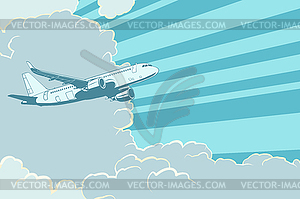 Retro airplane flying in clouds. Air travel - vector clip art