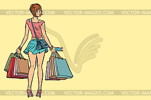 Young woman with shopping bags on sale - vector image