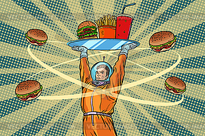 Astronaut with tray of fast Food - vector clipart