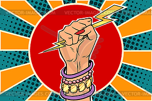 Girl power lightning in fist. Caucasian woman - vector clipart