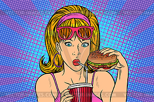 Pop art woman with fast food - vector image