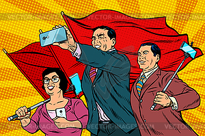 Chinese businessmen with smartphones and flags, - vector clipart