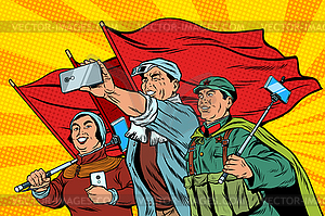 Chinese workers with smartphones selfie, poster - vector clipart