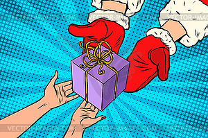Санта-Клаус дает рождественский подарок - иллюстрация в векторном формате