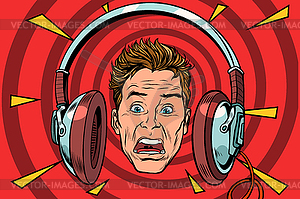 Scared man wearing headphones - color vector clipart