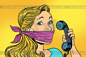 Woman with bandage on mouth and phone - vector image