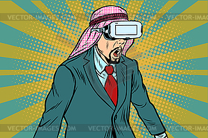 Surprised Arab businessman in VR glasses - vector clip art