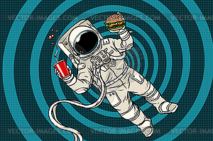 Astronaut in zero gravity with fast food - vector clipart