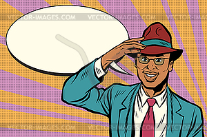 Retro African businessman takes off his hat - vector image